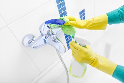 Kitchen and bathroom domestic cleaning tasks in progress