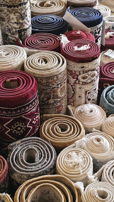 A display of intricately patterned oriental rugs hanging vertically on a metal rail in a well-lit room, showcasing detailed floral and geometric designs with rich colors including red, green, gold, an